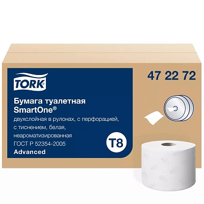 Туалетная бумага 2х слойная метраж 207 TORK SmartOne (T8) с тиснением цвет Белый 472272 (х1/8) [упаковка]